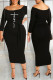 Black Casual Print Bandage Patchwork Off the Shoulder One Step Skirt Plus Size Dresses