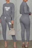 Dark Gray Casual Print Fold Letter O Neck Long Sleeve Two Pieces