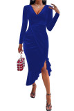 Blue Fashion Sexy Solid Patchwork V Neck Long Sleeve Dresses