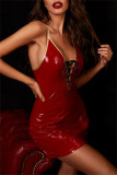 Red Sexy Solid Patchwork Frenulum Backless V Neck Sling Dress Dresses
