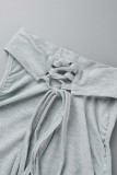 Light Gray Sexy Casual Solid Bandage Backless Fold Halter Long Sleeve Two Pieces