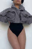 Grey Casual Solid Patchwork Pocket Hooded Collar Tops