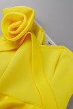 Yellow Elegant Solid Patchwork Appliques Flounce Oblique Collar One Step Skirt Dresses