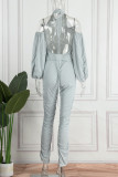 Light Gray Sexy Casual Solid Bandage Backless Fold Halter Long Sleeve Two Pieces