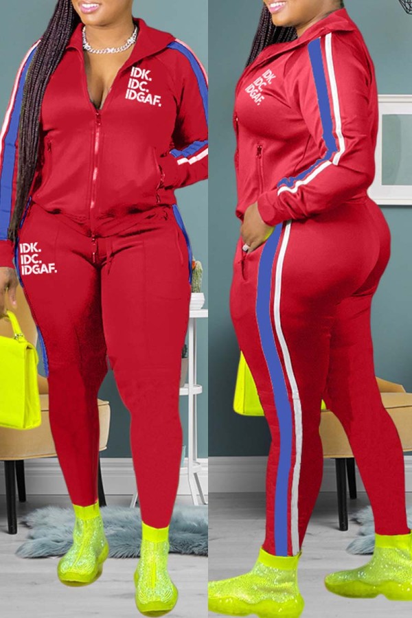 Red Casual Letter Print Patchwork Zipper Collar Long Sleeve Two Pieces