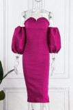Rose Red Elegant Solid Patchwork Off the Shoulder One Step Skirt Dresses