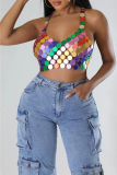 Colour Sexy Street Patchwork Sequins Spaghetti Strap Tops