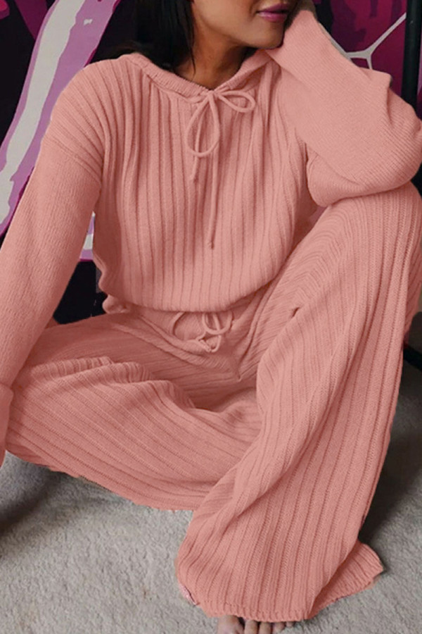 Pink Casual Solid Patchwork Hooded Collar Long Sleeve Two Pieces
