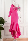 Rose Red Elegant Solid Tassel Sequins Patchwork Asymmetrical Asymmetrical Collar Trumpet Mermaid Dresses