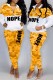 Yellow Casual Letter Christmas Tree Printed Patchwork Zipper Collar Long Sleeve Two Pieces