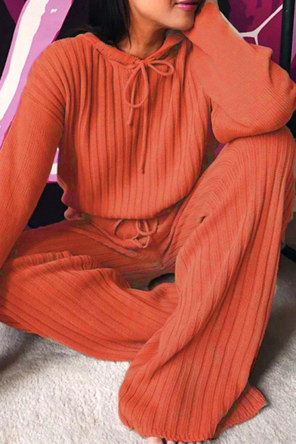 Tangerine Red Casual Solid Patchwork Hooded Collar Long Sleeve Two Pieces