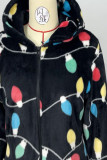 Black Casual Print Patchwork Zipper Hooded Collar Loose Jumpsuits