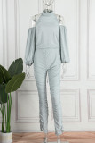 Light Gray Sexy Casual Solid Bandage Backless Fold Halter Long Sleeve Two Pieces