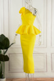 Yellow Elegant Solid Patchwork Appliques Flounce Oblique Collar One Step Skirt Dresses