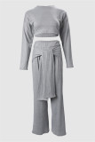Grey Casual Solid Patchwork Frenulum O Neck Long Sleeve Two Pieces