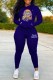 Deep Blue Casual Character Print Letter Hooded Collar Long Sleeve Two Pieces