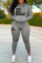 Grey Casual Letter Print Basic Hooded Collar Long Sleeve Two Pieces