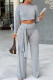 Grey Casual Solid Patchwork Frenulum O Neck Long Sleeve Two Pieces