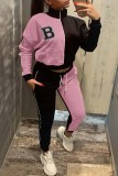 Pink Casual Letter Patchwork Contrast Zipper Collar Long Sleeve Two Pieces