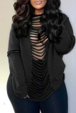 Black Casual Letter Print Ripped Backless O Neck Tops