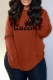 Brown Casual Letter Print Ripped Backless O Neck Tops