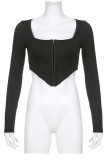 Black Sexy Solid Patchwork Buckle Asymmetrical Square Collar Tops