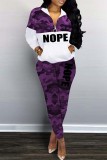 Purple Casual Letter Christmas Tree Printed Patchwork Zipper Collar Long Sleeve Two Pieces