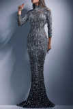 Silver Sexy Elegant Solid Patchwork See-through Hot Drill Half A Turtleneck Evening Dress Dresses