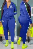 Blue Casual Letter Print Patchwork Zipper Collar Long Sleeve Two Pieces