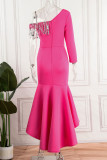 Rose Red Elegant Solid Tassel Sequins Patchwork Asymmetrical Asymmetrical Collar Trumpet Mermaid Dresses