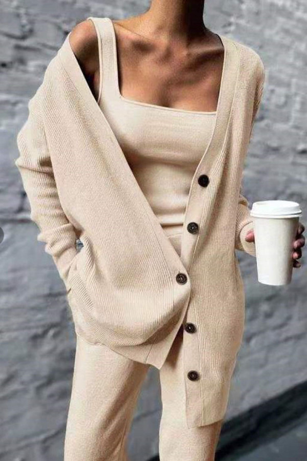 Khaki Casual Solid Patchwork Buckle Cardigan Collar Long Sleeve Three Pieces