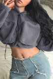 Grey Casual Solid Patchwork Pocket Hooded Collar Tops