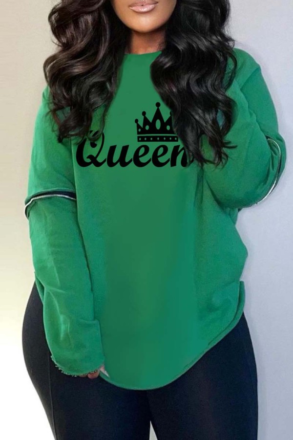 Green Casual Letter Print Ripped Backless O Neck Tops