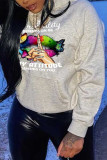 Grey Casual Print Patchwork Basic Hooded Collar Tops