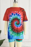Green Casual Print Tie-dye O Neck Short Sleeve Two Pieces