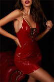 Red Sexy Solid Patchwork Frenulum Backless V Neck Sling Dress Dresses