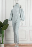 Light Gray Sexy Casual Solid Bandage Backless Fold Halter Long Sleeve Two Pieces