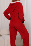 Red Casual Solid Patchwork Zipper Hooded Collar Loose Jumpsuits