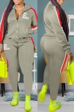 Blue Casual Letter Print Patchwork Zipper Collar Long Sleeve Two Pieces