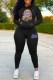 Black Casual Character Print Letter Hooded Collar Long Sleeve Two Pieces