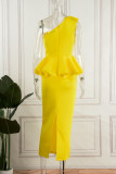 Yellow Elegant Solid Patchwork Appliques Flounce Oblique Collar One Step Skirt Dresses