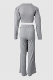 Grey Casual Solid Patchwork Frenulum O Neck Long Sleeve Two Pieces