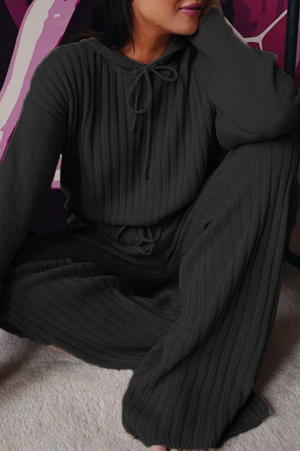 Black Casual Solid Patchwork Hooded Collar Long Sleeve Two Pieces