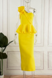 Yellow Elegant Solid Patchwork Appliques Flounce Oblique Collar One Step Skirt Dresses