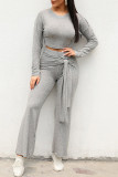 Grey Casual Solid Patchwork Frenulum O Neck Long Sleeve Two Pieces