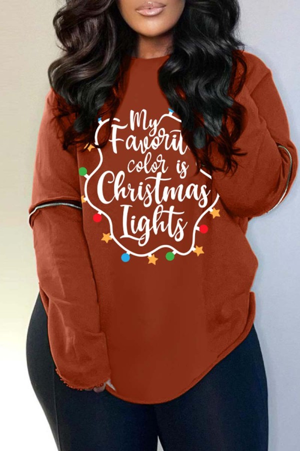 Brown Casual Letter Print Ripped Backless O Neck Tops