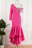 Rose Red Elegant Solid Tassel Sequins Patchwork Asymmetrical Asymmetrical Collar Trumpet Mermaid Dresses