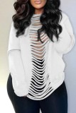 White Casual Print Ripped Backless O Neck Tops
