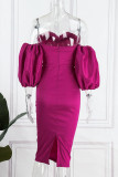 Rose Red Elegant Solid Patchwork Off the Shoulder One Step Skirt Dresses