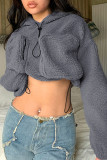 Grey Casual Solid Patchwork Pocket Hooded Collar Tops